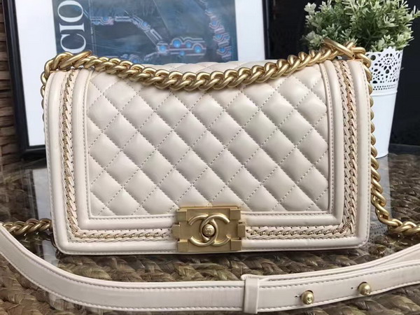 Chanel Boy Chanel Handbag Beige Lambskin with Leather Weave Gold Tone Metal For Sale