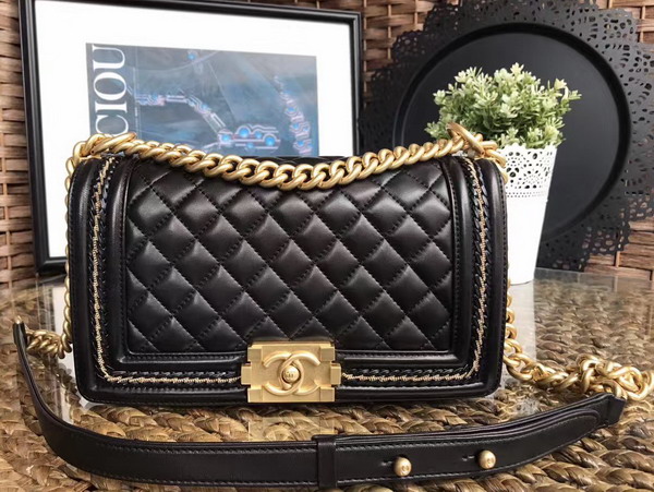 Chanel Boy Chanel Handbag Black Lambskin with Leather Weave Gold Tone Metal For Sale