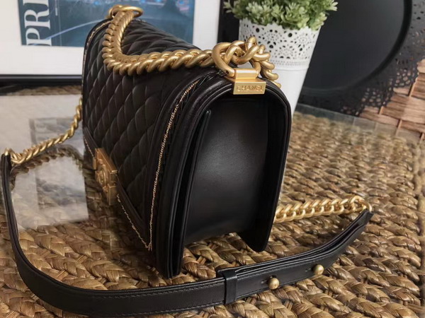 Chanel Boy Chanel Handbag Black Lambskin with Leather Weave Gold Tone Metal For Sale