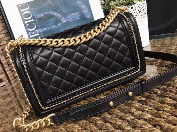 Chanel Boy Chanel Handbag Black Lambskin with Leather Weave Gold Tone Metal For Sale