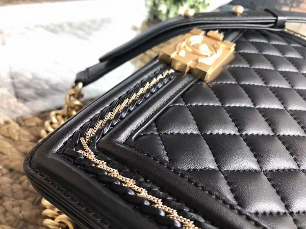 Chanel Boy Chanel Handbag Black Lambskin with Leather Weave Gold Tone Metal For Sale