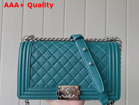 Chanel Boy Chanel Handbag Deep Sea Green Grained Calfskin Silver Tone Metal A67086 Replica