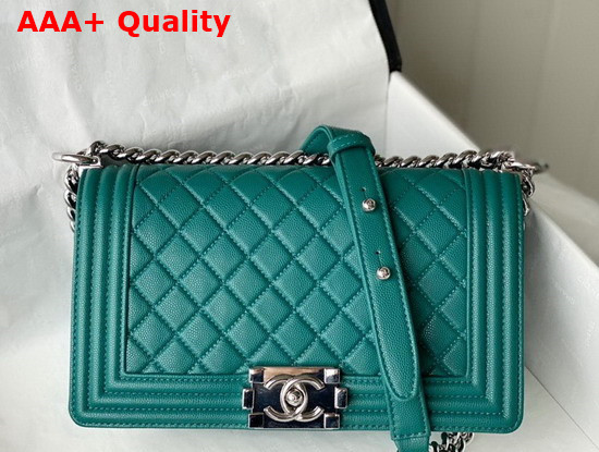 Chanel Boy Chanel Handbag Deep Sea Green Grained Calfskin Silver Tone Metal A67086 Replica