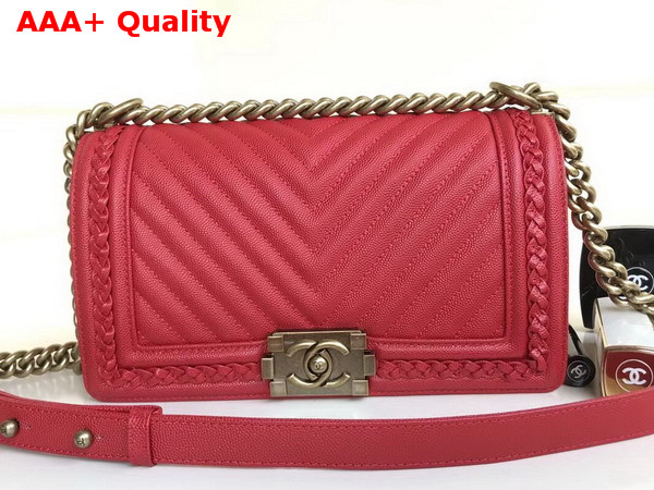 Chanel Boy Chanel Handbag Grained Calfskin Braid Gold Tone Metal Red Replica