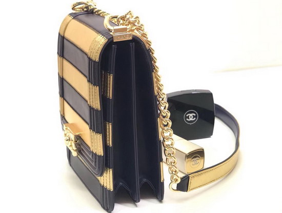 Chanel Boy Chanel Handbag Lambskin Calfskin Gold and Navy Blue AS0130