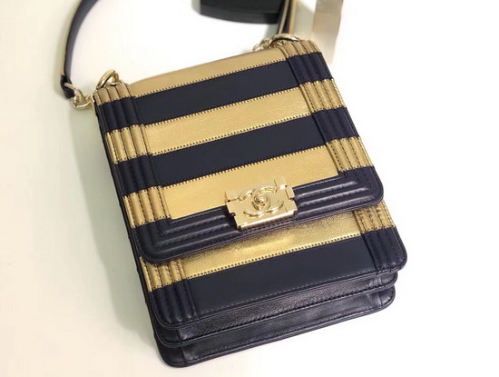 Chanel Boy Chanel Handbag Lambskin Calfskin Gold and Navy Blue AS0130