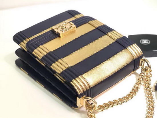 Chanel Boy Chanel Handbag Lambskin Calfskin Gold and Navy Blue AS0130