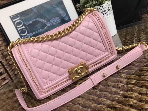 Chanel Boy Chanel Handbag Light Pink Lambskin with Leather Weave Gold Tone Metal For Sale