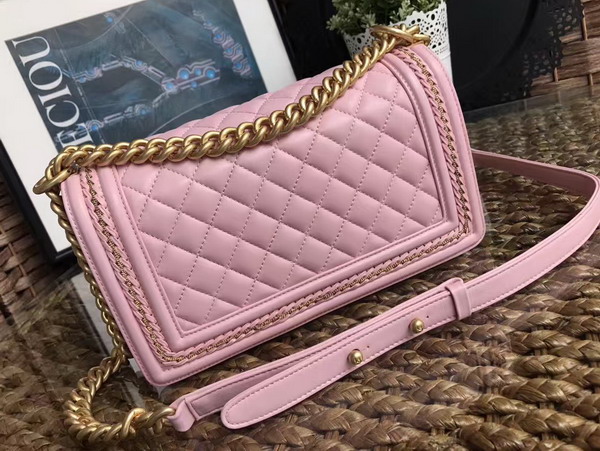 Chanel Boy Chanel Handbag Light Pink Lambskin with Leather Weave Gold Tone Metal For Sale