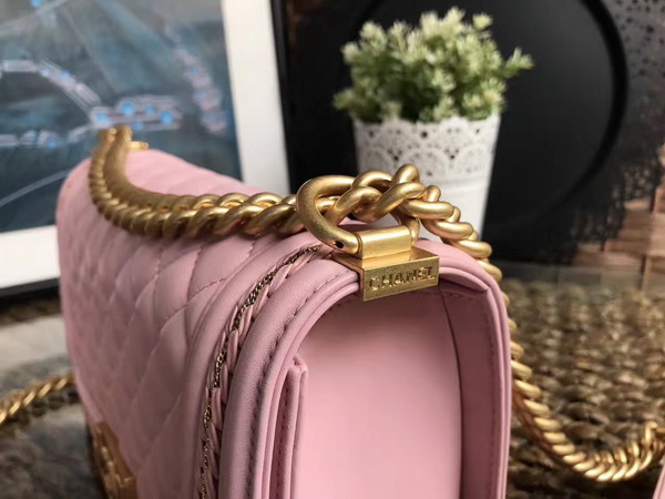 Chanel Boy Chanel Handbag Light Pink Lambskin with Leather Weave Gold Tone Metal For Sale