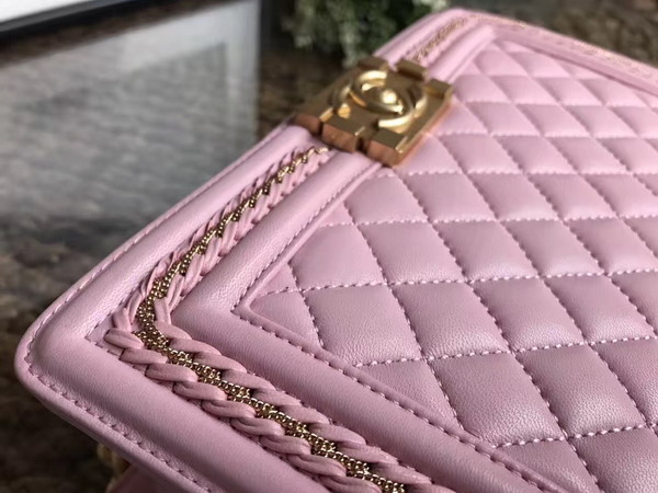 Chanel Boy Chanel Handbag Light Pink Lambskin with Leather Weave Gold Tone Metal For Sale