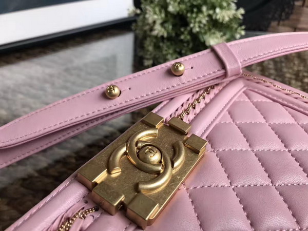 Chanel Boy Chanel Handbag Light Pink Lambskin with Leather Weave Gold Tone Metal For Sale