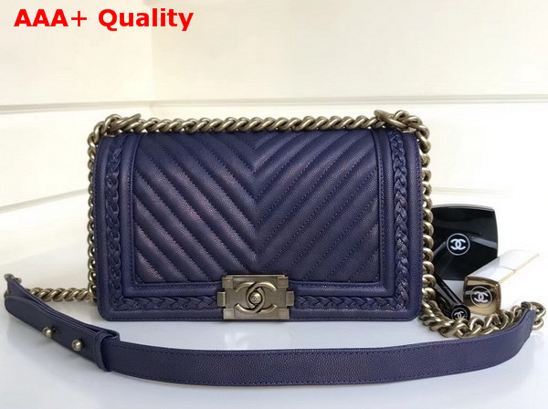 Chanel Boy Chanel Handbag Patinated Calfskin Braid Gold Tone Metal Navy Blue Replica