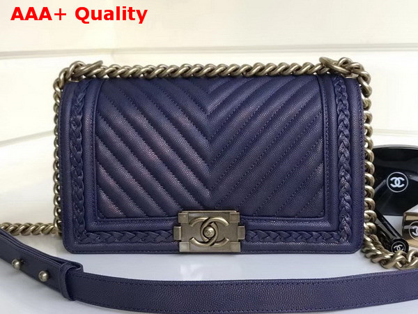 Chanel Boy Chanel Handbag Patinated Calfskin Braid Gold Tone Metal Navy Blue Replica