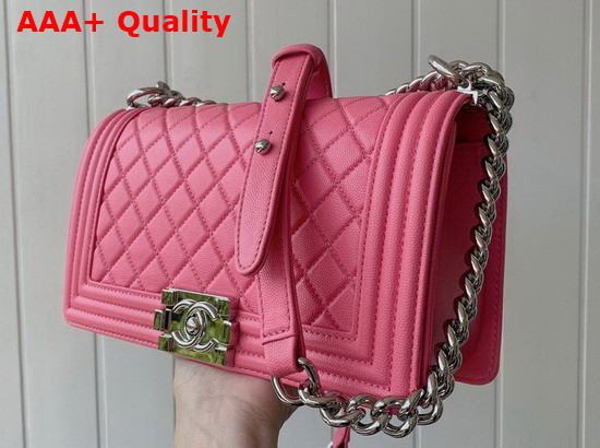 Chanel Boy Chanel Handbag Pink Grained Calfskin Silver Tone Metal A67086 Replica