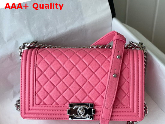 Chanel Boy Chanel Handbag Pink Grained Calfskin Silver Tone Metal A67086 Replica