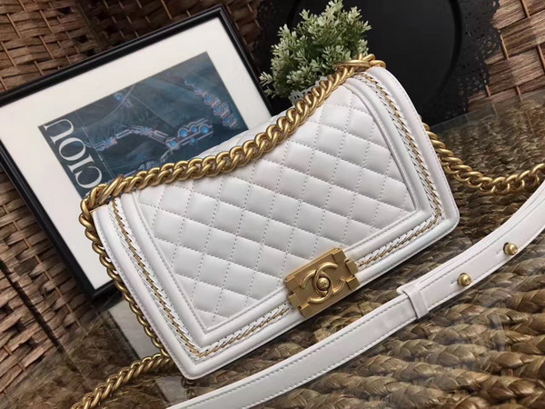 Chanel Boy Chanel Handbag White Lambskin with Leather Weave Gold Tone Metal For Sale