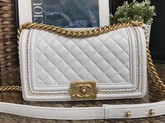 Chanel Boy Chanel Handbag White Lambskin with Leather Weave Gold Tone Metal For Sale