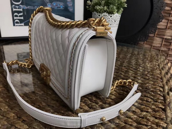 Chanel Boy Chanel Handbag White Lambskin with Leather Weave Gold Tone Metal For Sale