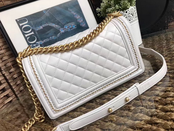 Chanel Boy Chanel Handbag White Lambskin with Leather Weave Gold Tone Metal For Sale