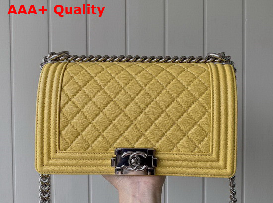 Chanel Boy Chanel Handbag Yellow Grained Calfskin Silver Tone Metal A67086 Replica