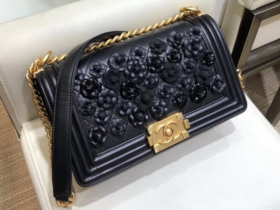 Chanel Boy Chanel Handbag in Black Embroidered Lambskin Gold Tone Metal