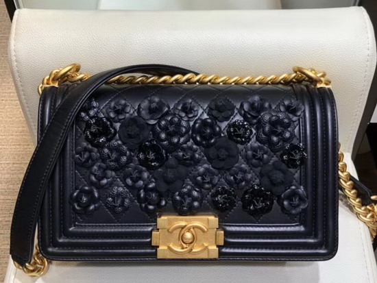 Chanel Boy Chanel Handbag in Black Embroidered Lambskin Gold Tone Metal