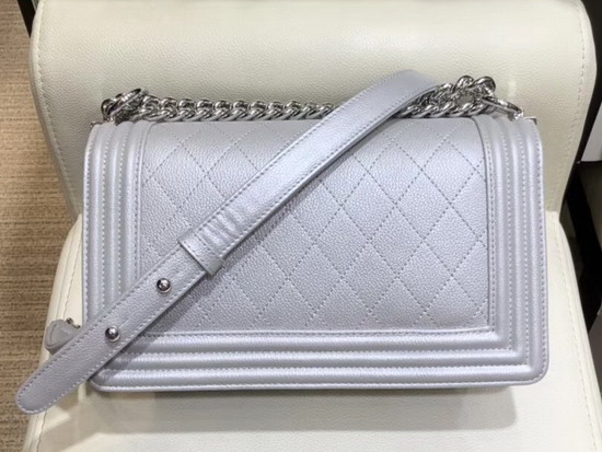 Chanel Boy Chanel Handbag in Silver Embroidered Metallic Grained Calfskin Silver Tone Metal