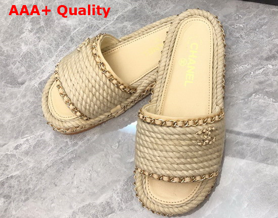 Chanel Braided Mules in Beige Cotton with Chain Trims Replica