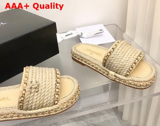 Chanel Braided Mules in Beige Cotton with Chain Trims Replica