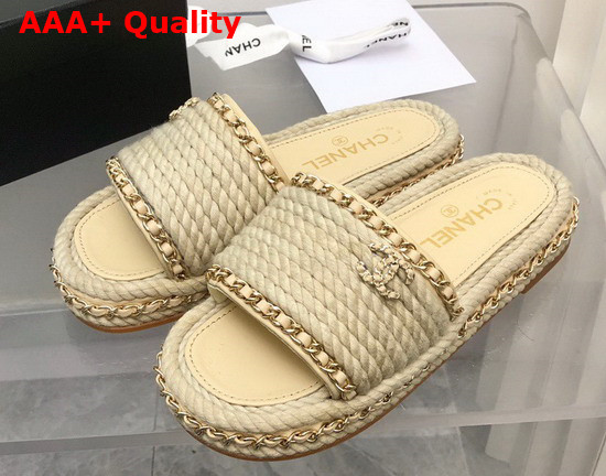 Chanel Braided Mules in Beige Cotton with Chain Trims Replica