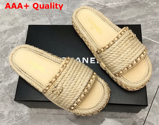 Chanel Braided Mules in Beige Cotton with Chain Trims Replica