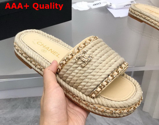 Chanel Braided Mules in Beige Cotton with Chain Trims Replica