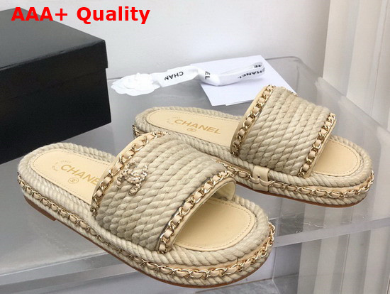 Chanel Braided Mules in Beige Cotton with Chain Trims Replica