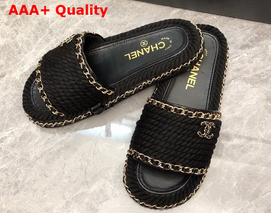 Chanel Braided Mules in Black Cotton with Chain Trims Replica