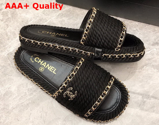 Chanel Braided Mules in Black Cotton with Chain Trims Replica