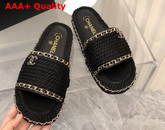 Chanel Braided Mules in Black Cotton with Chain Trims Replica