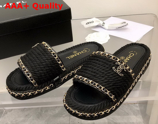 Chanel Braided Mules in Black Cotton with Chain Trims Replica