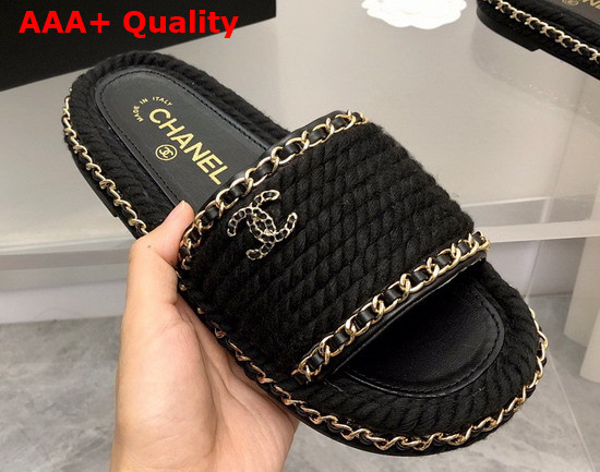 Chanel Braided Mules in Black Cotton with Chain Trims Replica