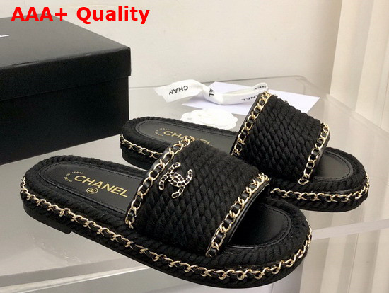 Chanel Braided Mules in Black Cotton with Chain Trims Replica