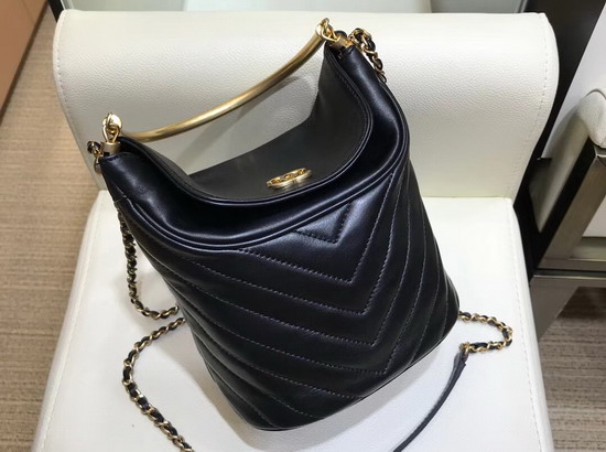 Chanel Bucket Bag in Black Chevron Lambskin Gold Tone Metal A57861