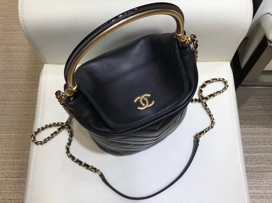 Chanel Bucket Bag in Black Chevron Lambskin Gold Tone Metal A57861