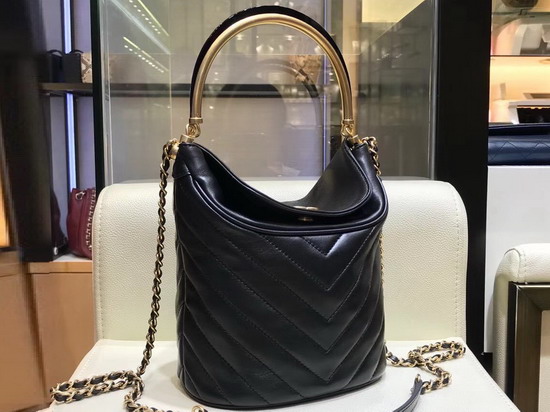 Chanel Bucket Bag in Black Chevron Lambskin Gold Tone Metal A57861