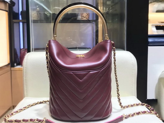 Chanel Bucket Bag in Burgundy Chevron Lambskin Gold Tone Metal