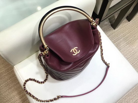 Chanel Bucket Bag in Burgundy Chevron Lambskin Gold Tone Metal