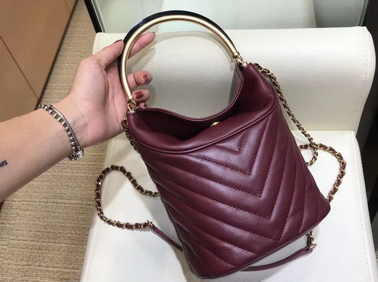 Chanel Bucket Bag in Burgundy Chevron Lambskin Gold Tone Metal