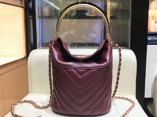 Chanel Bucket Bag in Burgundy Chevron Lambskin Gold Tone Metal