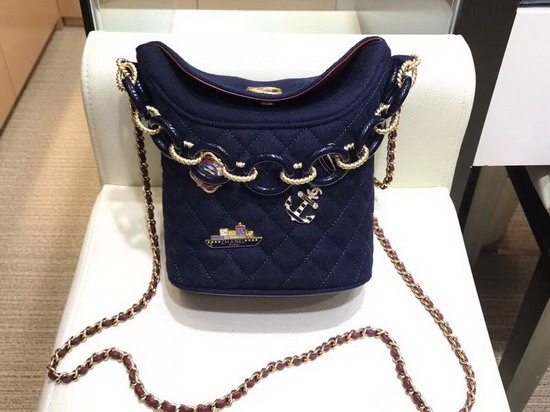 Chanel Bucket Bag in Navy Blue Wool and Lambskin