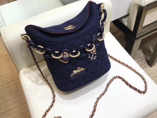 Chanel Bucket Bag in Navy Blue Wool and Lambskin