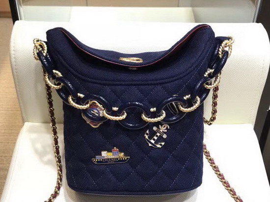 Chanel Bucket Bag in Navy Blue Wool and Lambskin